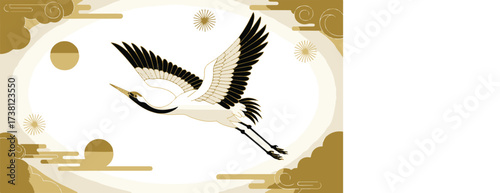Soaring Crane: A graceful crane flies elegantly through the air, symbolizing freedom and serenity, with a traditional oriental art style, evoking a sense of peace and harmony.