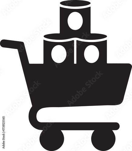 Canned food silhouette stacked in grocery cart symbol for shopping, retail and market design