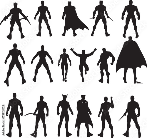 Collection of black superhero silhouettes posed in dynamic action stances with weapons and capes against white background