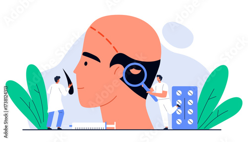 Hair transplant and alopecia treatment concept. Doctors examining male baldness, hair loss problem, medical therapy and cosmetic surgery. Dermatology, trichology. Isolated vector illustration
