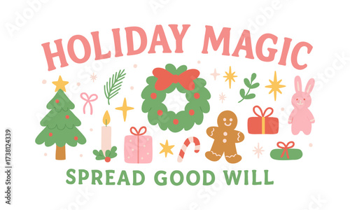 Holiday Icons Set Tree, Wreath, Gifts, and Ornaments Flat Vector Illustration, Set of Christmas hand-drawn elements. Cute holiday Xmas graphic icons. Wreath, Xmas tree, easily editable.