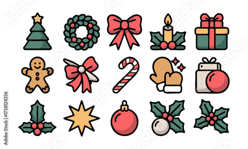Holiday Icons Set Tree, Wreath, Gifts, and Ornaments Flat Vector Illustration, Set of Christmas hand-drawn elements. Cute holiday Xmas graphic icons. Wreath, Xmas tree, easily editable.