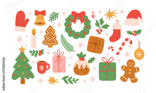 Holiday Icons Set Tree, Wreath, Gifts, and Ornaments Flat Vector Illustration, Set of Christmas hand-drawn elements. Cute holiday Xmas graphic icons. Wreath, Xmas tree, easily editable.