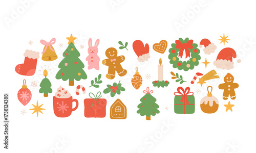 Holiday Icons Set Tree, Wreath, Gifts, and Ornaments Flat Vector Illustration, Set of Christmas hand-drawn elements. Cute holiday Xmas graphic icons. Wreath, Xmas tree, easily editable.