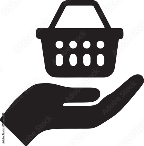 Hand silhouette holding a grocery basket symbol for shopping, retail, and market design