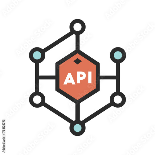 Hexagonal API icon with network of nodes and lines on white background Keywords: API, application programming interface, connection, network