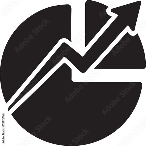 Pie chart silhouette with financial arrow overlay symbol for analytics, profit and growth