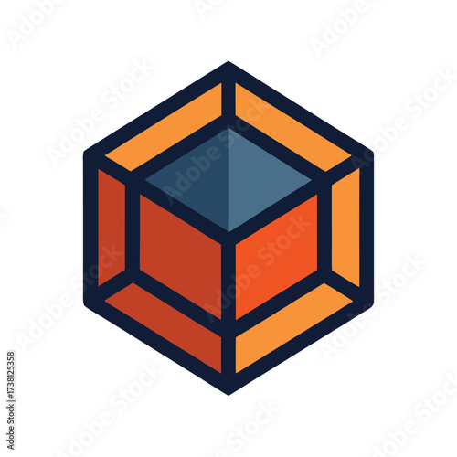 Isometric geometric cube icon with orange and blue facets on a white background shape