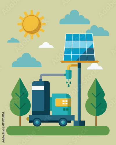A mobile solarpowered water pumping system providing fresh water to droughtprone areas during emergencies.. Vector illustration