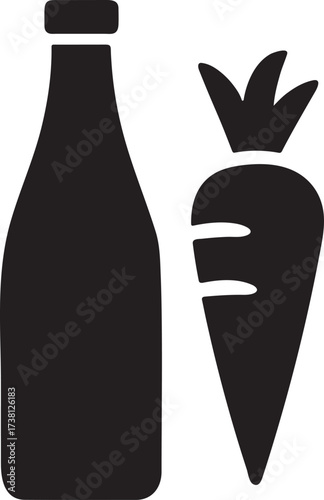 Bottle and vegetable silhouette side by side symbol for grocery, food and healthy design