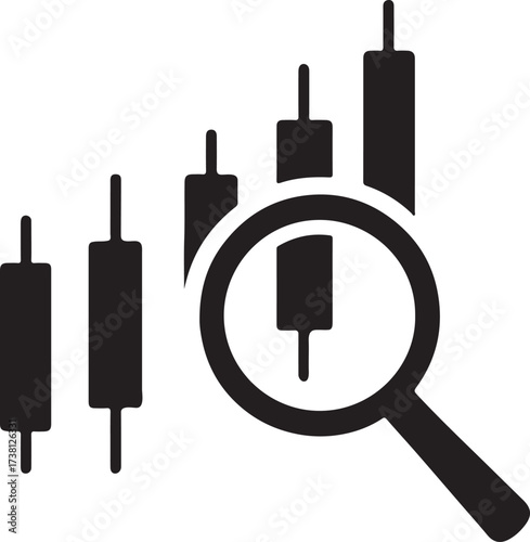 Candlestick chart icon with magnifying glass silhouette symbol for trading and analysis