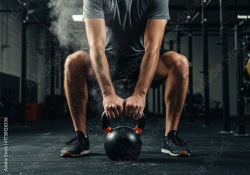 Man performing a kettlebell squat in a modern gym setting.