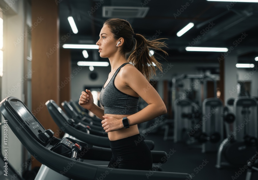 Fototapeta premium Woman exercising on a treadmill at the gym