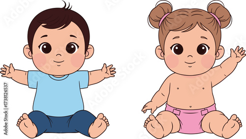 Cartoon baby illustration, cute boy and girl, sitting pose, cheerful expression, children clipart, vector drawing, flat design, playful artwork