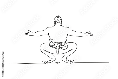 Continuous one line drawing Sumo wrestler from rear in low, ritualistic shikiri squat, with arms extended wide, showcasing sheer mass and posture. Single line draw design vector graphic illustration