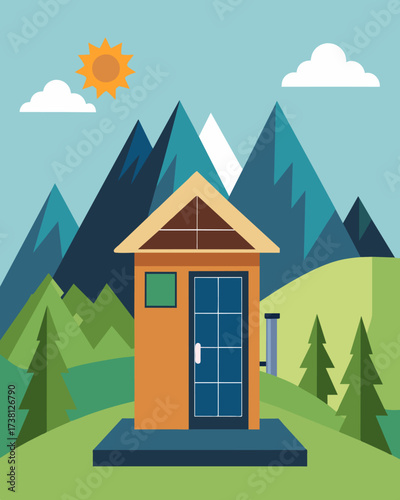 A mountain trailhead restroom that relies on solar panels for electricity and heating for a sustainable hiking experience.. Vector illustration