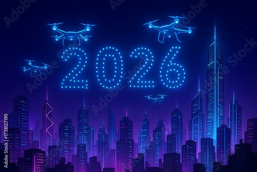 A futuristic neon city where drones illuminate the sky with “2026”. Modern and tech-inspired New Year 2026 concept for marketing, digital art, and event promotions.