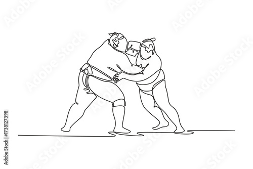 Continuous one line drawing two large Sumo wrestlers locked in fierce, pushing match, one delivering forceful open-hand strike to opponent's face. Single line draw design vector graphic illustration