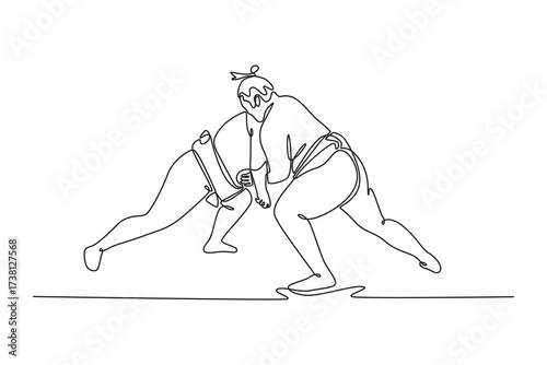 Continuous one line drawing two massive Sumo wrestlers locked in a low, forward-leaning grapple, powerful initial clash and struggle for leverage. Single line draw design vector graphic illustration