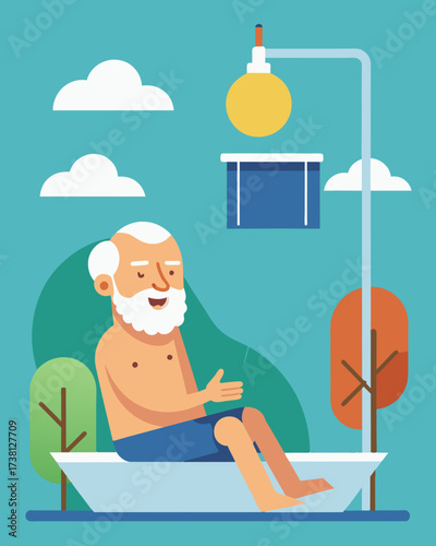 An elderly man sits back and closes his eyes basking in the warmth of a hot shower made possible by his villages solarpowered water heater.. Vector illustration