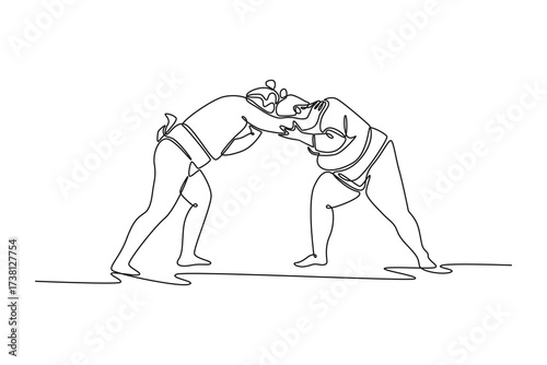 Continuous one line drawing two large Sumo wrestlers locked in a low, bending grapple, showcasing the immense head-on force immediately after clash. Single line draw design vector graphic illustration