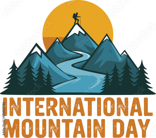 Adventurer reaches mountain summit at sunrise, celebrating International Mountain Day.