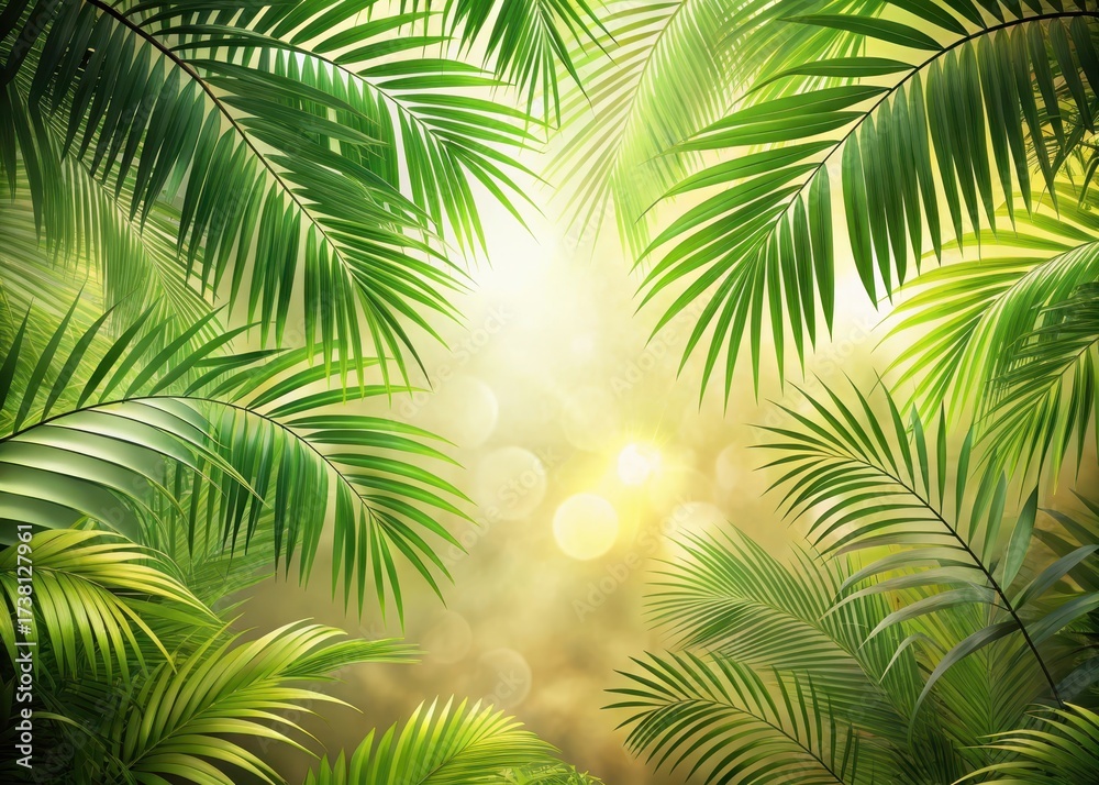 Naklejka premium A serene natural scene featuring lush green leaves of palm trees against a soft