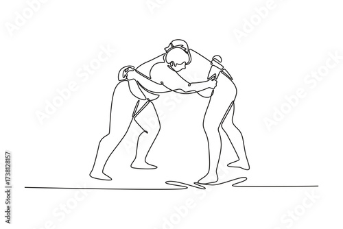 Single continuous line drawing two massive Sumo wrestlers locked in a head-to-head grapple, immense force and intense, close-quarters combat of sport. one line draw graphic design vector illustration