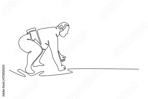 Single continuous line drawing large Sumo wrestler in a crouched starting position, hand reaching toward the ground, intense focus just before charge. One line draw graphic design vector illustration