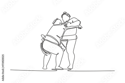 Single continuous line drawing two massive Sumo wrestlers locked in close-quarters embrace, grappling fiercely for leverage to execute a throw or lift. One line draw graphic design vector illustration