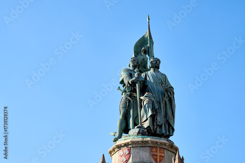 Bruges, Belgium – September 14, 2024 Jan Breydel and Pieter de Coninck Monument Bruges. Jan Breydel and Pieter de Coninck Monument in the Grote Markt, the market square of Bruges, Belgium. 
