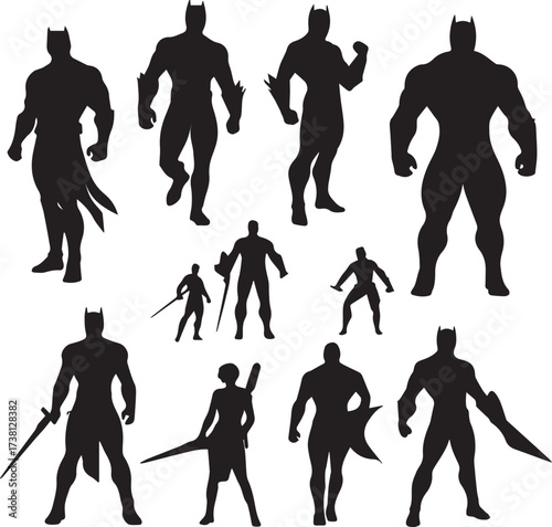 Collection of diverse superhero silhouettes posed in dynamic action stances against a white background