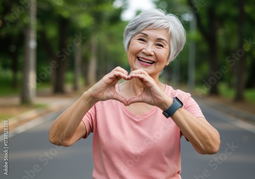 Smiling senior woman making a heart shape with her hands outdoors.