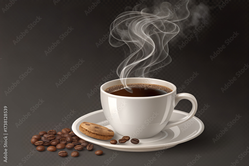 Fototapeta premium Hot Coffee Cup With Steam and Coffee Beans on a Dark Background