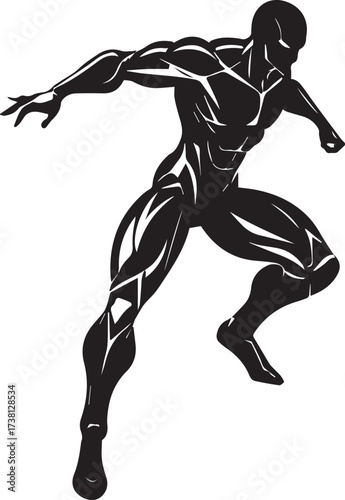 Dynamic silhouette of a muscular superhero in a powerful action pose ready for combat on a white background
