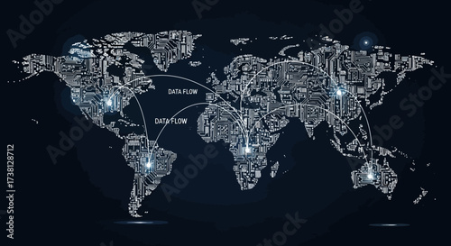 Global network of digital connections visualized as a circuit board world map with pulsing data flow lines illustrating worldwide communication.