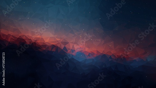 Polygon abstract sunset sky with deep blue and red geometric shapes and glowing stars.
