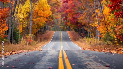 A Scenic Autumn Road Lined with Trees Displaying Vibrant Fall Colors