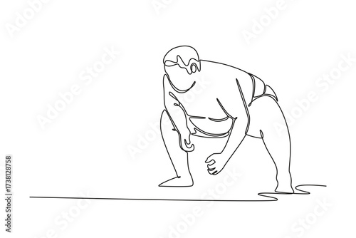 Single one line drawing large Sumo wrestler in crouched starting position, hand reaching toward the ground, readiness before match begin. Modern continuous line draw design graphic vector illustration