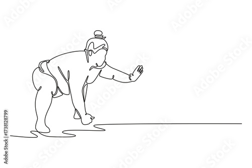 Single continuous line drawing large Sumo wrestler in crouched position, one hand on ground and other extended, intense readiness of pre-charge stance. One line draw graphic design vector illustration