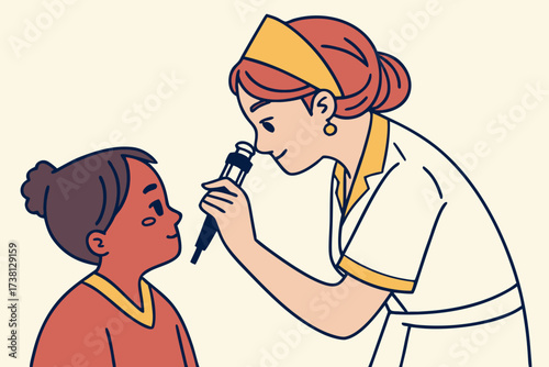 Nurse examining a child with an otoscope during a medical checkup in a clinic setting illustration