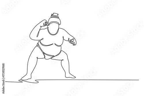 Single one line drawing large Sumo wrestler in a deep, wide, starting stance with clenched fists, explosive power and focus before match begins. Continuous line draw design graphic vector illustration