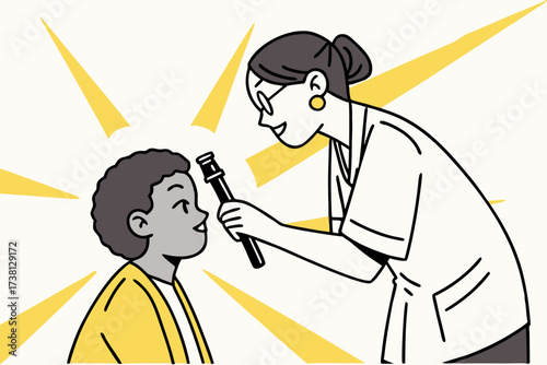 Doctor examining a child's eyes with an ophthalmoscope during a routine checkup in a bright environment