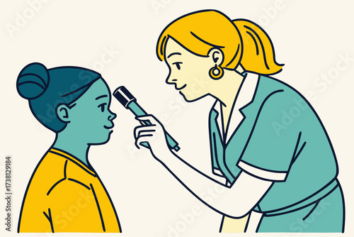 A female doctor examining a young patient's eyes with a penlight during a medical checkup visit
