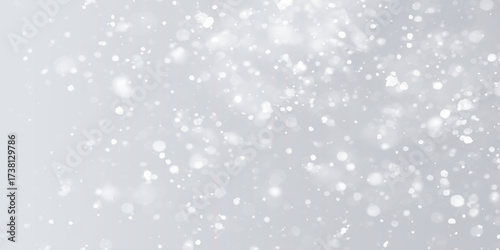 Silver Sparkling Lights Festive background with various falling snows, Silver and white snow confetti sparkles, Abstract sparkles grey and white bokeh lights and stars with various particles.