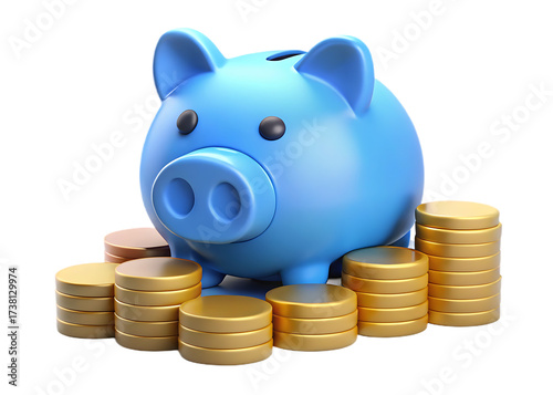 Blue piggy bank with gold coin stacks, symbolizing savings and financial security isolated on transparent background