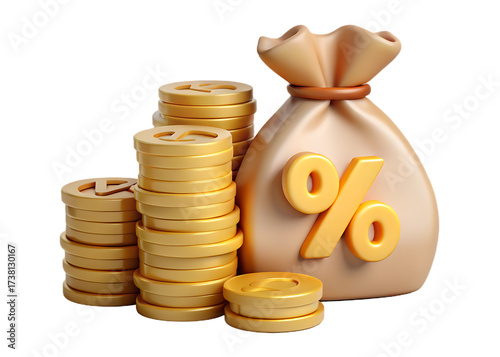 A bag of money with a percentage sign and stacks of coins isolated on transparent background