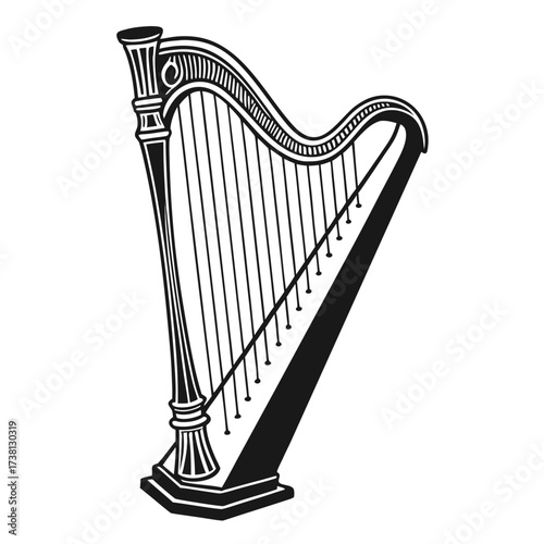 Black and white drawing of a harp