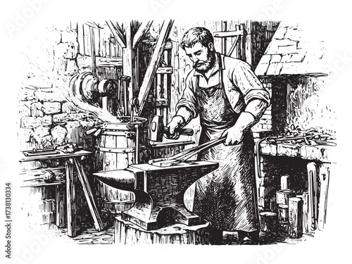 Horseshoe Forging Vintage Engraved Artisan Blacksmith Scene Isolated Vector