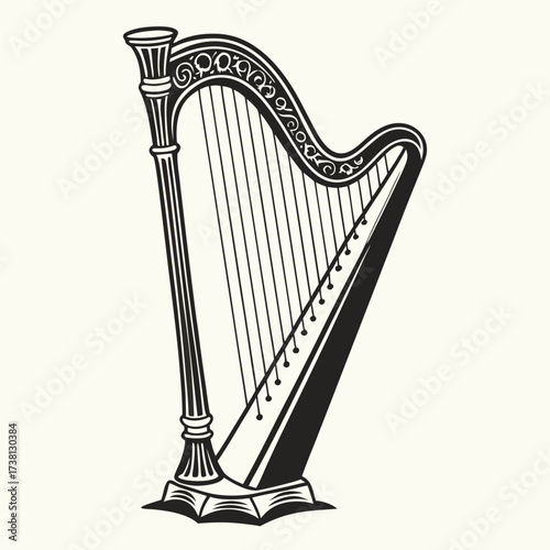 Elegant harp illustration in black and white